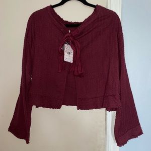 Free People Size XS Burgundy Button Tie Back Textured Long Sleeve Top